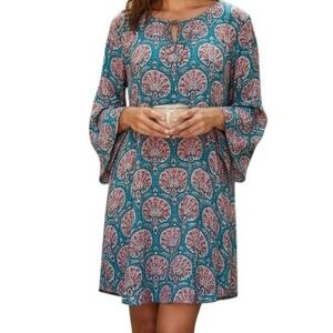 BENARES Blue With Red Floral Pattern Belled‎  Sleeve Dress NWOT Size Small
